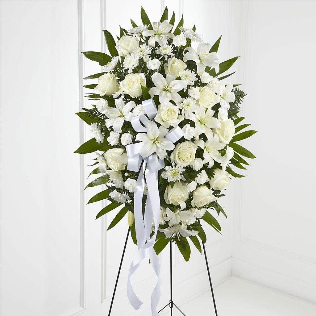 Exquisite Tribute Standing Spray-White Ribbon – Magnolia Floral Design, Santa Ana CA