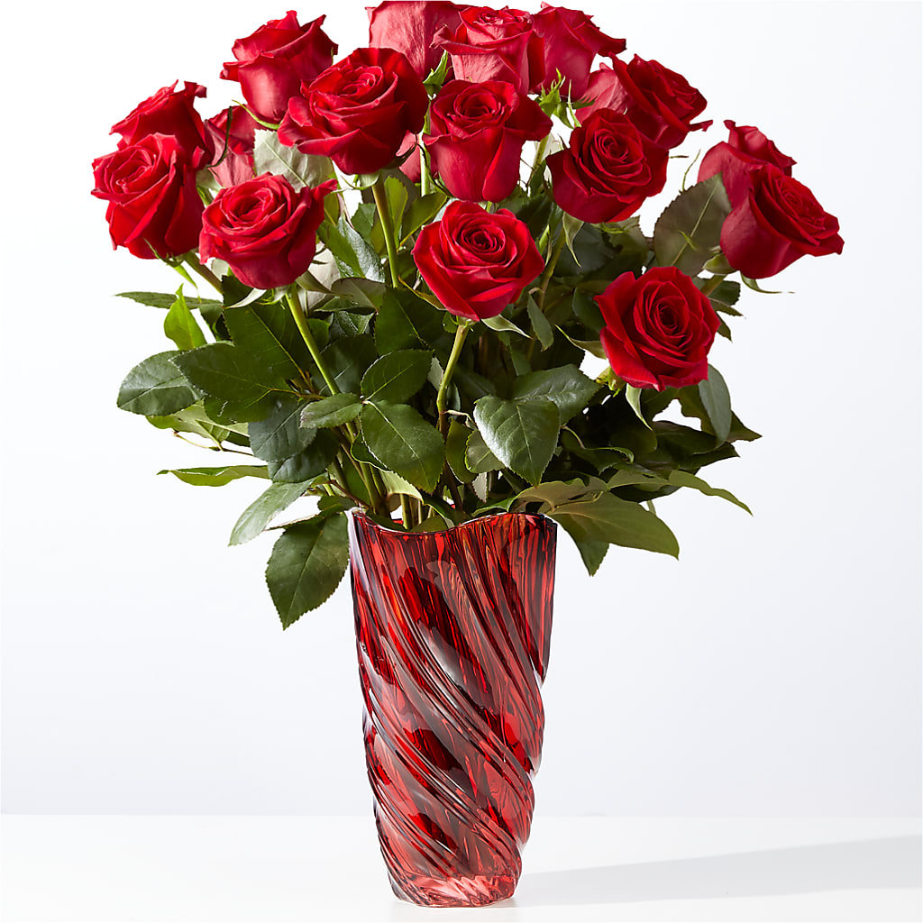 Classic Love Red Rose Bouquet with Luxe Swirl Vase – Magnolia Floral Design, Santa Ana CA